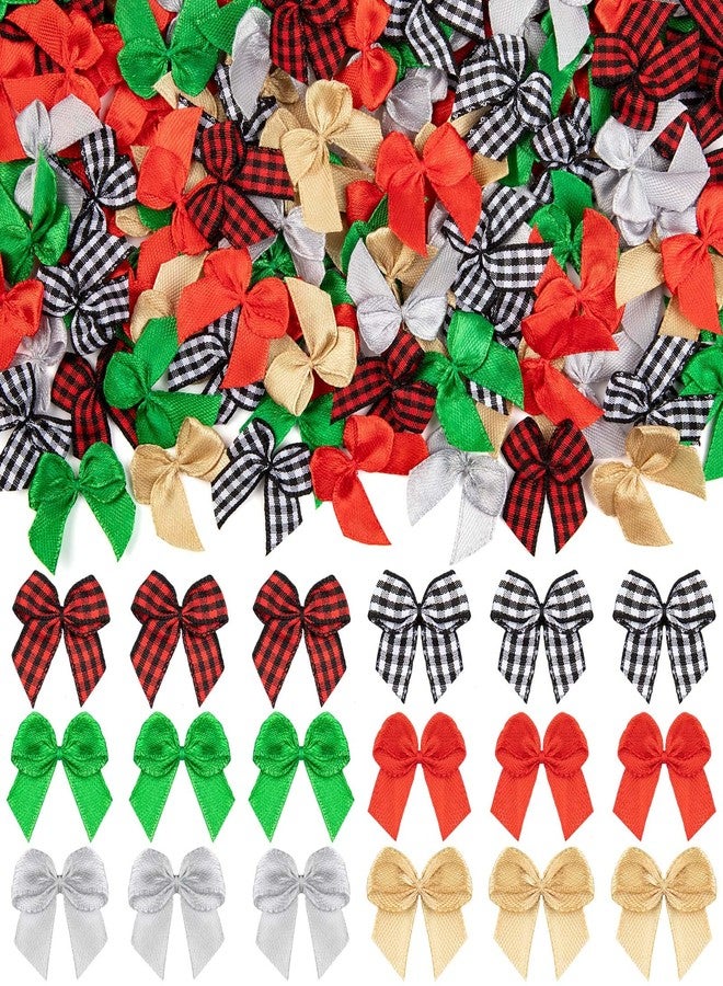 HFKPJRT 200 Pcs Christmas Tiny Bows, Mini Plaid Bows, Gingham Ribbon Bows, Small Sation Ribbon Bows for Sewing DIY Crafts Gift Wrapping Wedding Party Decoration(Red, Green, Silver, Gold, Plaid) - Image 1
